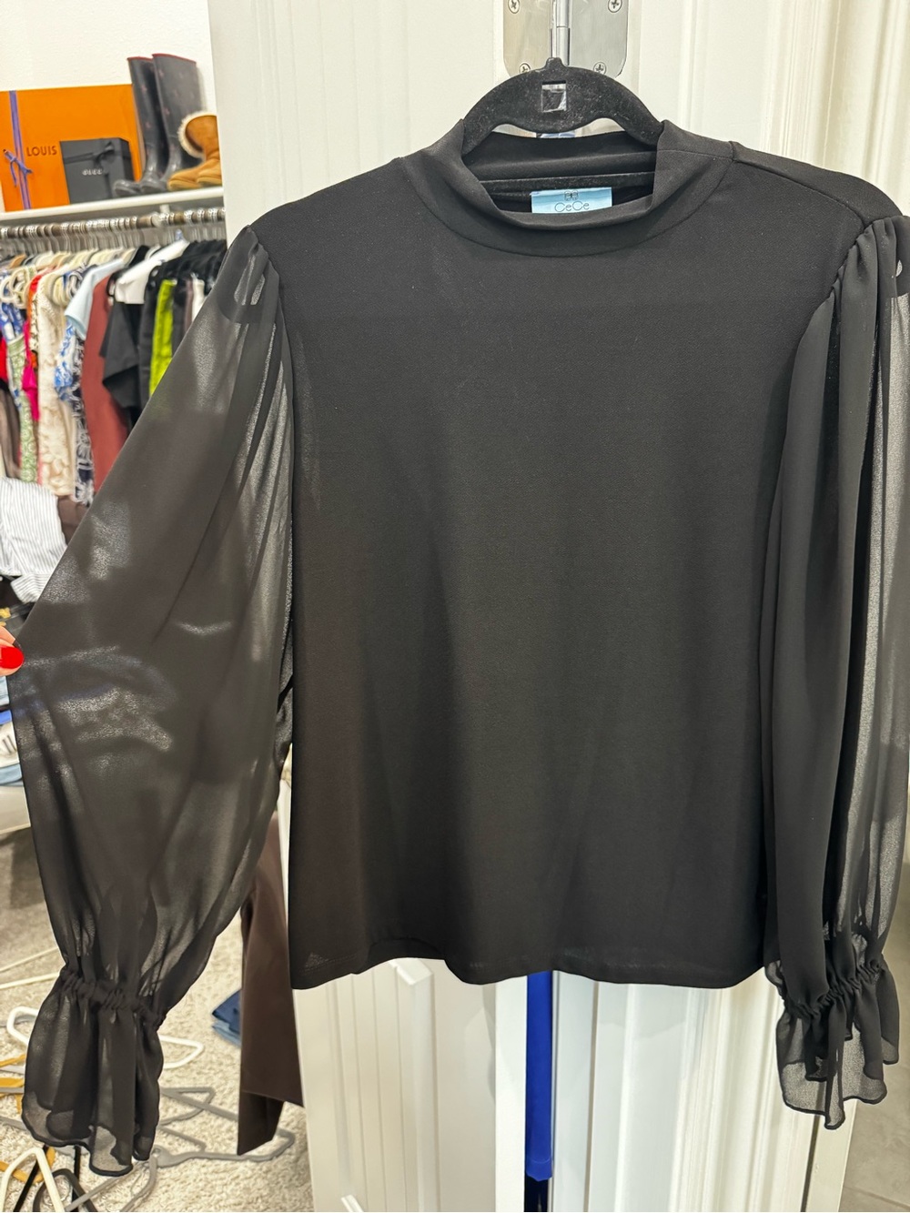 CeCe Elegant Black Puff-Sleeve Sheer-Sleeve Top